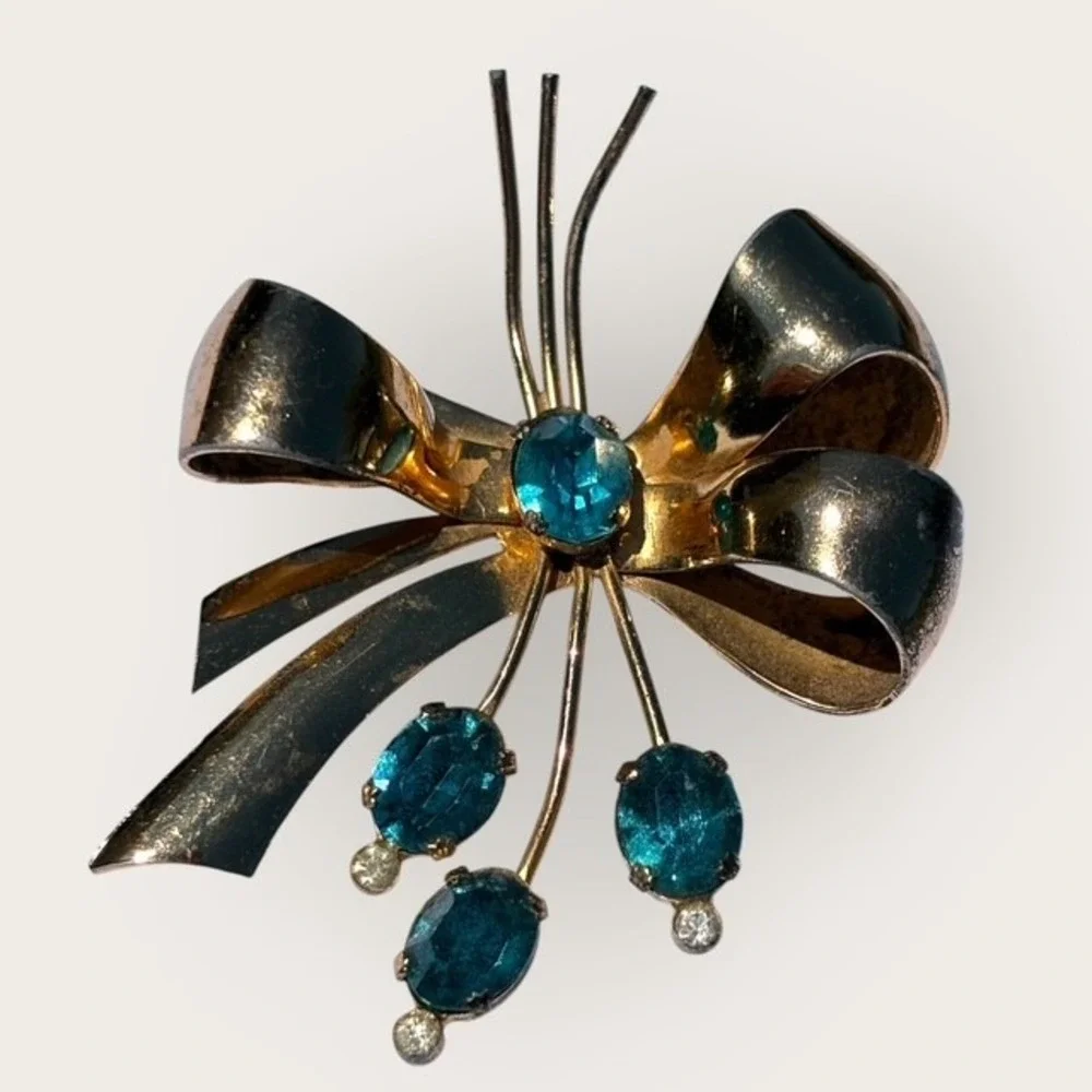 Vintage Coro Sterling Gold Vermeil Bow Brooch Pin Teal Blue Green Rhinestones
